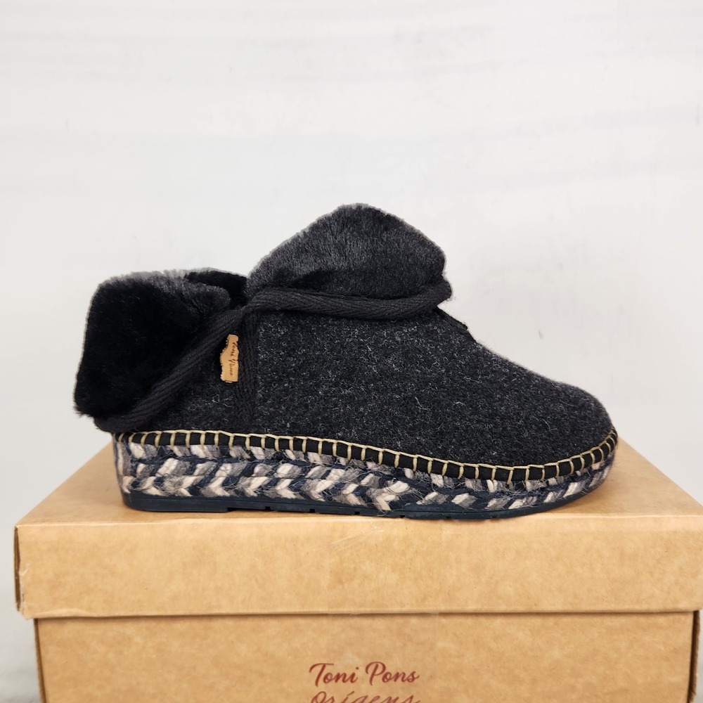 Toni Pons Moss-FE Slipper Bootie Women Size 5 Black Felt Faux Fur Espadrille
